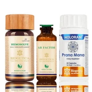 Biogetica Freedom Kit with Hemosolve iron supplement, AB Factor homeopathic formula, and Prana Mana dietary capsules for holistic health support.